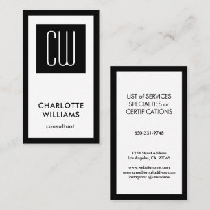 Elegant Modern Monogram Vertical Plain Black White Business Card
