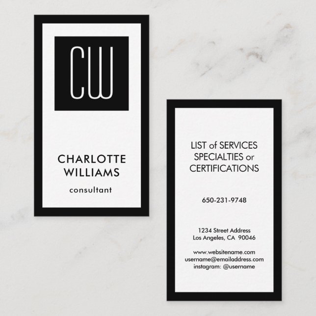 Elegant Modern Monogram Vertical Plain Black White Business Card (Front/Back)