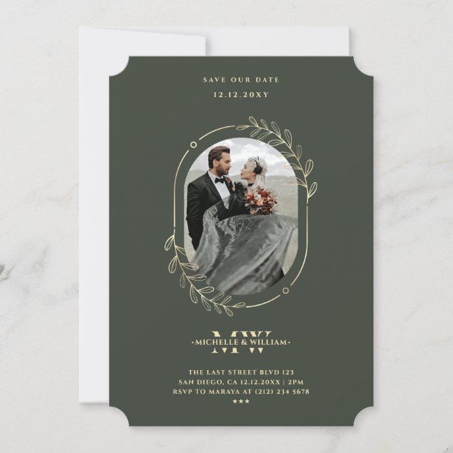Elegant Modern Monogram Wedding Green Gold Wreath Save The Date (Front)