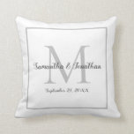Elegant Modern Monogram White Wedding Keepsake Cushion<br><div class="desc">Here's a simple, elegant wedding keepsake gift for the bride and groom. This design features the couple's monogram initial in gray together with their names and wedding date in an trendy script typography on a white background. All this encircled by a gray border. All text is easily customizable using the...</div>