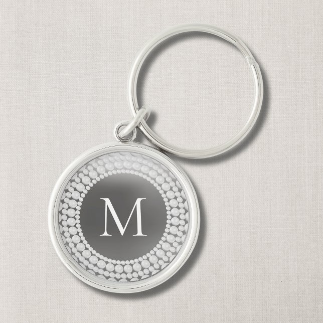 Elegant Modern Monogrammed Keychain (Grey Modern Monogram with Pearl Print Design)