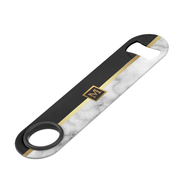 Elegant Modern Monogrammed Marble Black Gold (Front Angled)