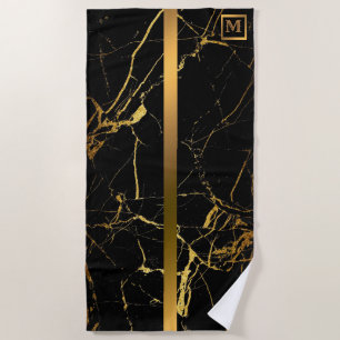 Elegant Modern Monogrammed Marble Black Gold Beach Towel