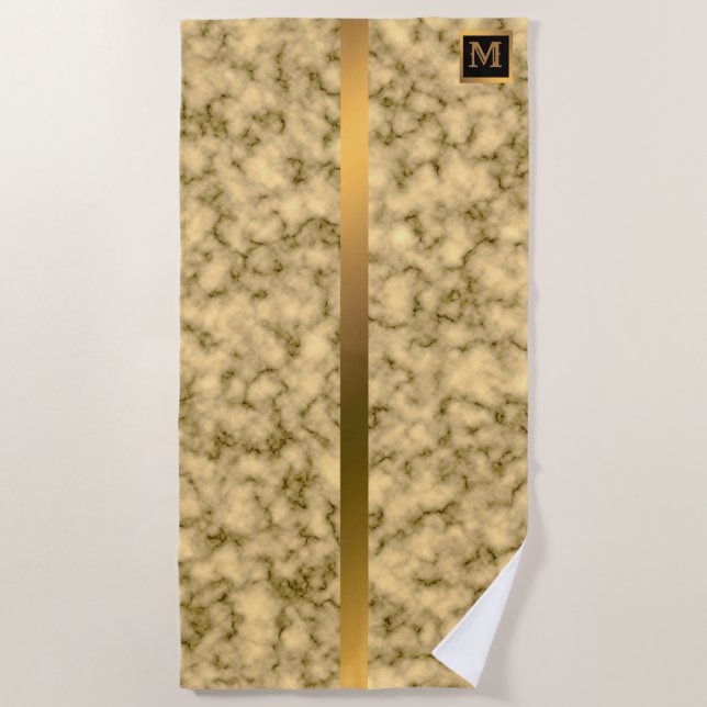 Elegant Modern Monogrammed Marble Black Gold Beach Towel (Front)