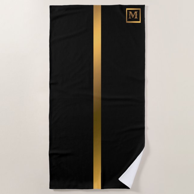 Elegant Modern Monogrammed Marble Black Gold Beach Towel (Front)