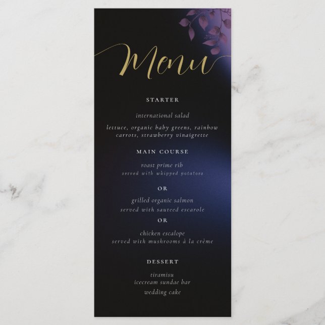 Elegant Modern Moody Black Dark Purple Wedding Menu (Front)