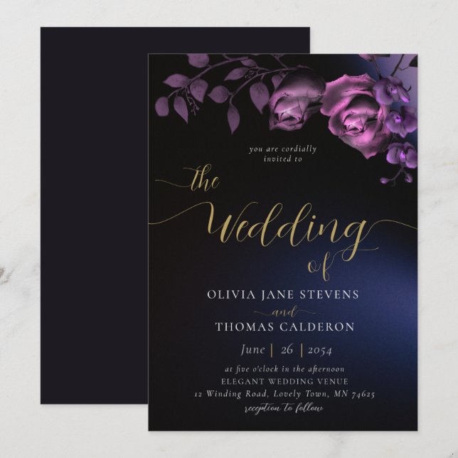 Elegant Modern Moody Black Purple Floral Wedding Invitation (Front/Back)