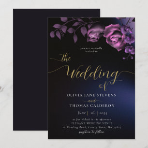 Elegant Modern Moody Black Purple Floral Wedding Invitation