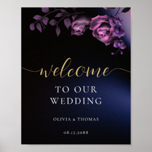 Elegant Modern Moody Black Purple Floral Wedding Poster