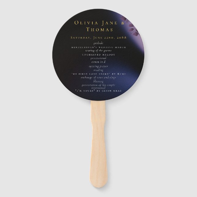 Elegant Modern Moody Black Purple Wedding Hand Fan (Front)