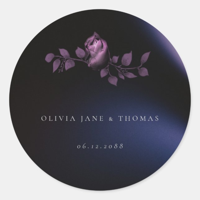 Elegant Modern Moody Dark Purple Floral Wedding Classic Round Sticker (Front)