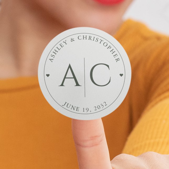 Elegant Modern Moss Green Wedding Classic Round Sticker (Creator Uploaded)