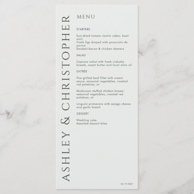 Elegant Modern Moss Green Wedding Menu (Front)