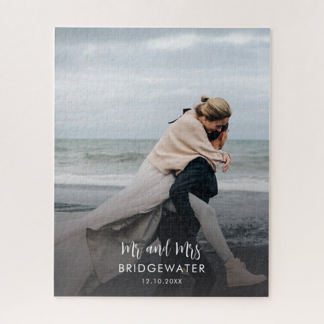 Elegant Modern Mr and Mrs Monogram Wedding Photo Jigsaw Puzzle (Vertical)