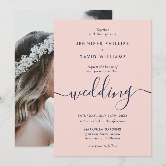 Elegant Modern Navy Blue and Blush Photo Wedding Invitation (Front/Back)