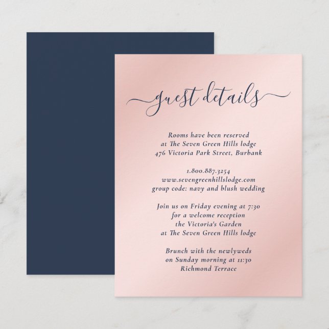 Elegant Modern Navy Blue and Blush Wedding Details Enclosure Card (Front/Back)