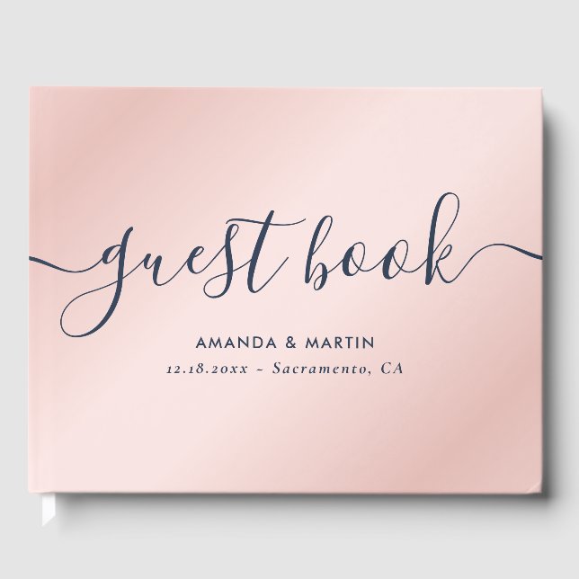 Elegant Modern Navy Blue and Blush Wedding Guest Book (Front)