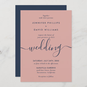 Elegant Modern Navy Blue and Blush Wedding Invitation