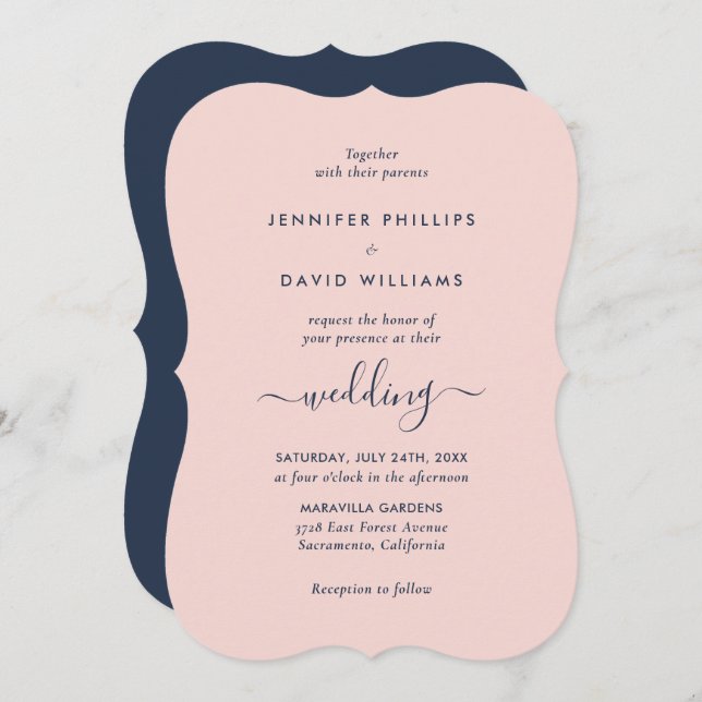 Elegant Modern Navy Blue and Blush Wedding Invitation (Front/Back)
