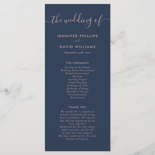 Elegant Modern Navy Blue and Blush Wedding Programme (Front)