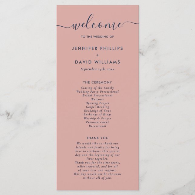 Elegant Modern Navy Blue and Blush Wedding Programme (Front)