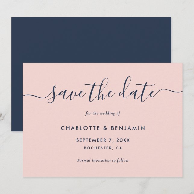 Elegant Modern Navy Blue and Blush Wedding Save The Date (Front/Back)