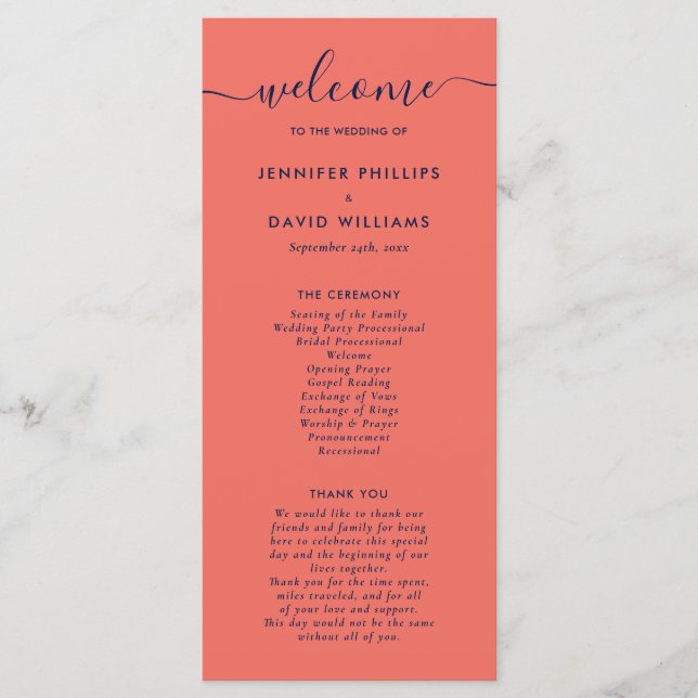 Elegant Modern Navy Blue and Coral Wedding Programme (Front)