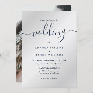 Elegant Modern Navy Blue and Silver Photo Wedding Invitation