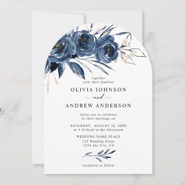 Elegant Modern Navy Blue Arch Floral Wedding Invitation (Front)