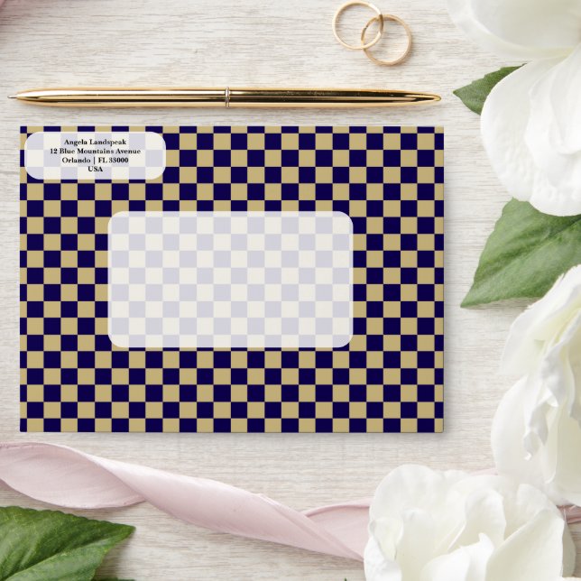 Elegant, Modern Navy Blue, Beige Chequered   Envelope (Wedding)