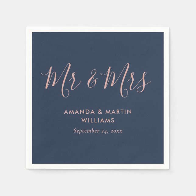 Elegant Modern Navy Blue Blush Mr and Mrs Wedding Napkin (Front)