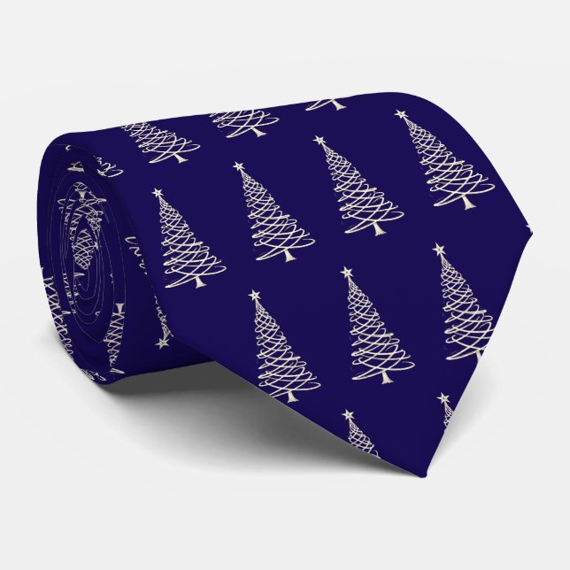 Elegant Modern Navy Blue Christmas Trees Patterned Tie (Rolled)