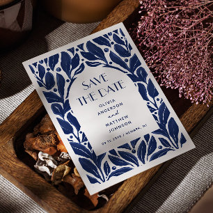 Elegant modern navy blue floral arch pattern save the date