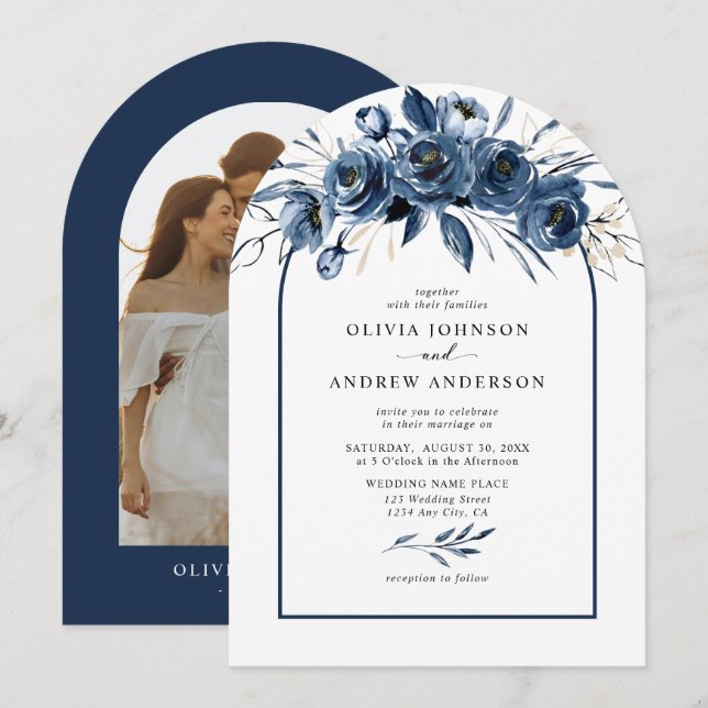 Elegant Modern Navy Blue Floral Arch Photo Wedding Invitation (Front/Back)