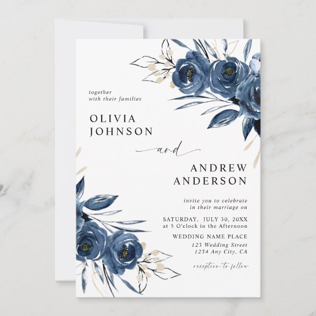 Elegant Modern Navy Blue Floral Wedding Invitation (Front)
