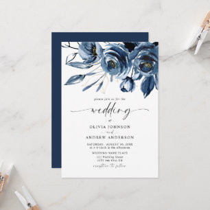 Elegant Modern Navy Blue Flowers & Script Wedding Invitation