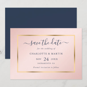 Elegant Modern Navy Blue Gold Blush Wedding Save The Date