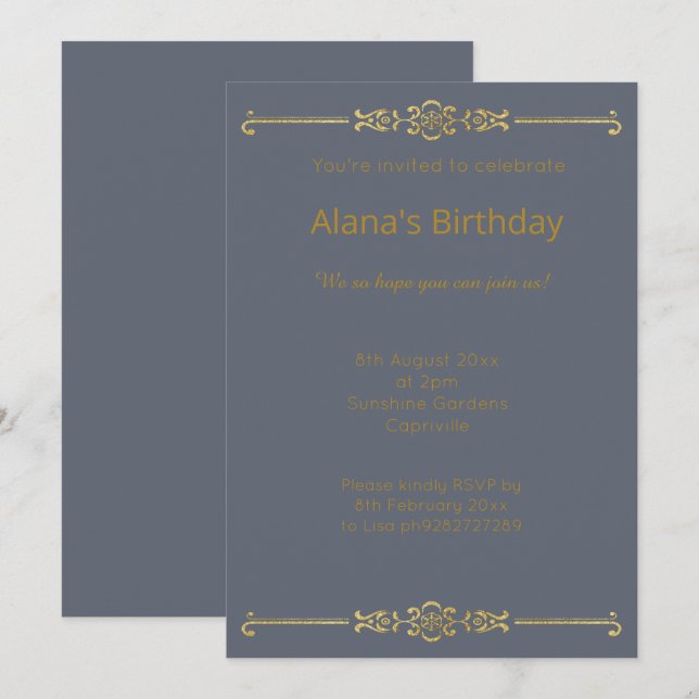 ELEGANT MODERN NAVY BLUE GOLD BORDER INVITATION (Front/Back)