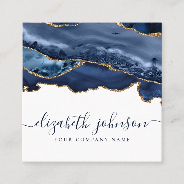 Elegant Modern Navy Blue Gold Glitter Agate Marble Square Business Card (Front)