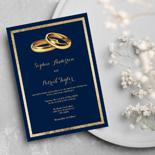 Elegant modern navy blue gold rings Wedding Invitation