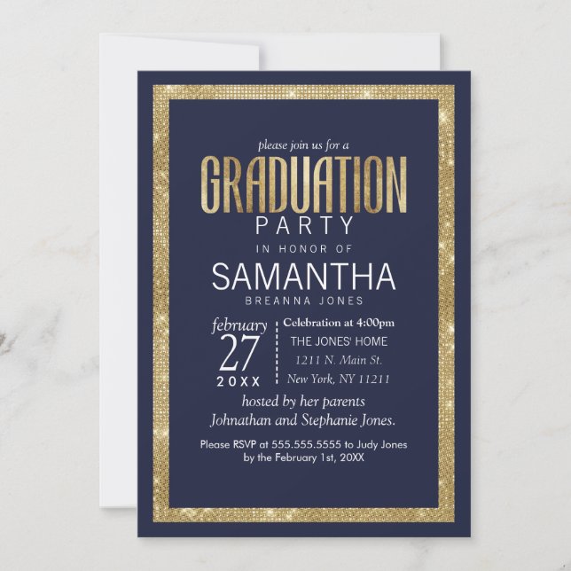 Elegant Modern Navy Blue Gold Sequin Graduation Invitation (Front)