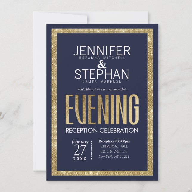 Elegant Modern Navy Blue Gold Sequin Reception Invitation (Front)