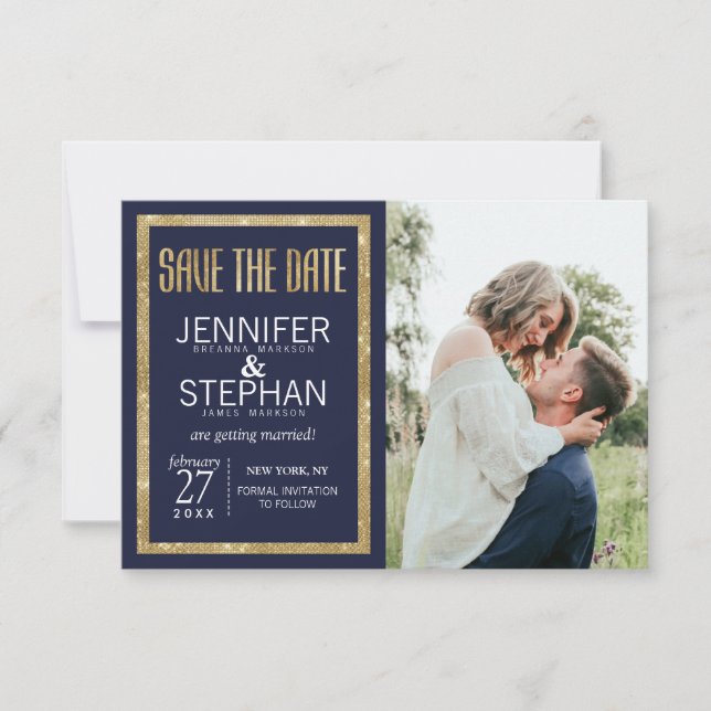 Elegant Modern Navy Blue Gold Sequin Save the Date (Front)
