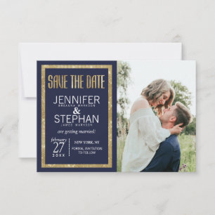 Elegant Modern Navy Blue Gold Sequin Save the Date