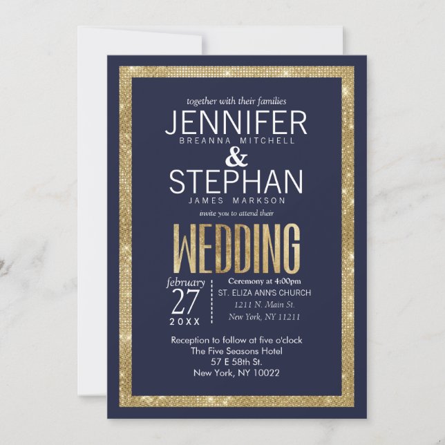 Elegant Modern Navy Blue Gold Sequin Wedding Invitation (Front)