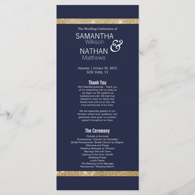 Elegant Modern Navy Blue Gold Wedding Program Programme (Front)