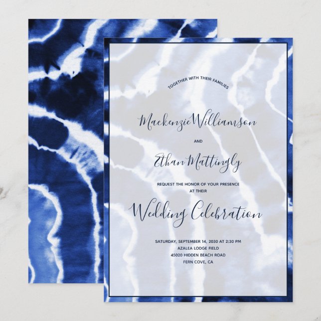 Elegant Modern Navy Blue Marble Tie Dye Wedding Invitation (Front/Back)