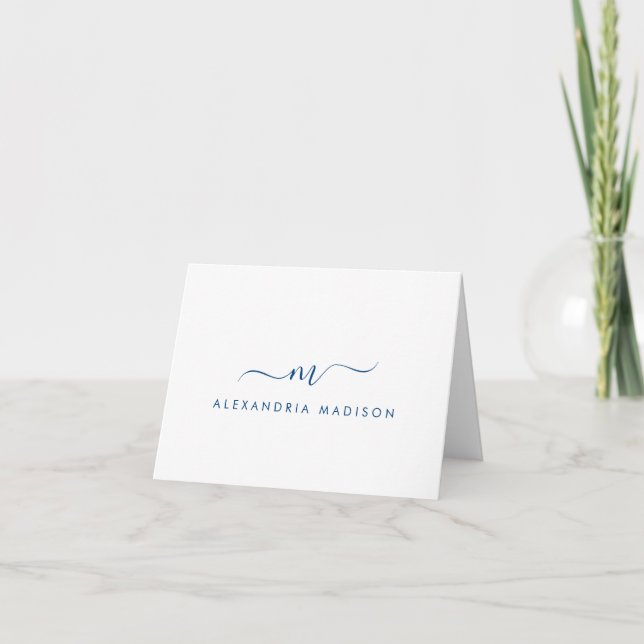Elegant Modern Navy Blue Monogram Script Swash Note Card (Front)