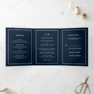 Elegant Modern Navy Blue Monogram Simple Wedding Tri-Fold Invitation