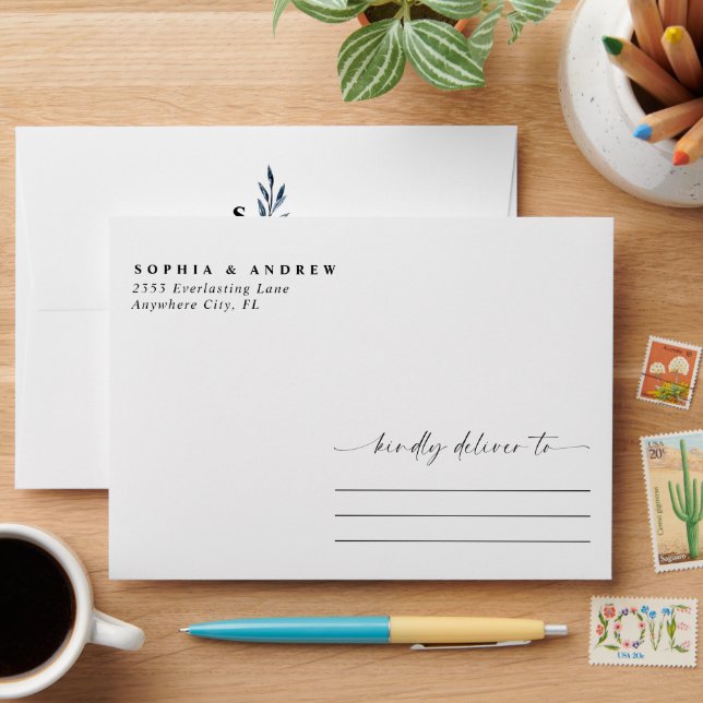 Elegant Modern Navy Blue Monogram Wedding Envelope (Desk)